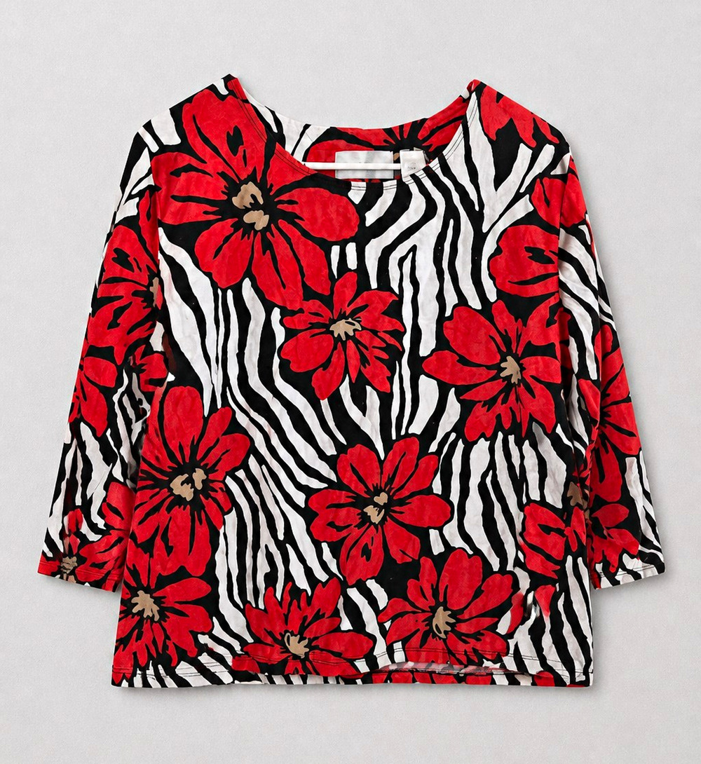 Vinttage 90s Alfred Dunner Floral Design Cotton 3/4 Sleeve Blouse Size L